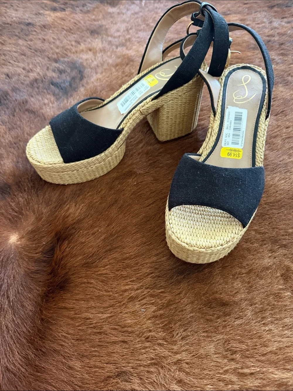 Sam Edelman Black Canvas Espadrille Platform Sandals with Tan Woven Sole